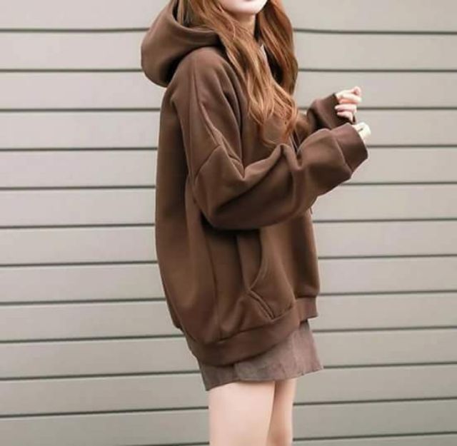 Hoodie trơn nâu socola tay dài hình thật