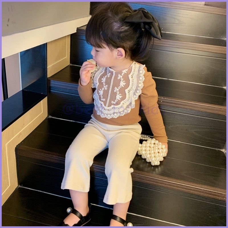 Áo Thun Tay Dài Phối Ren Thiết Kế Dễ Thương Thời Trang Xuân Thu Cho Bé Gái