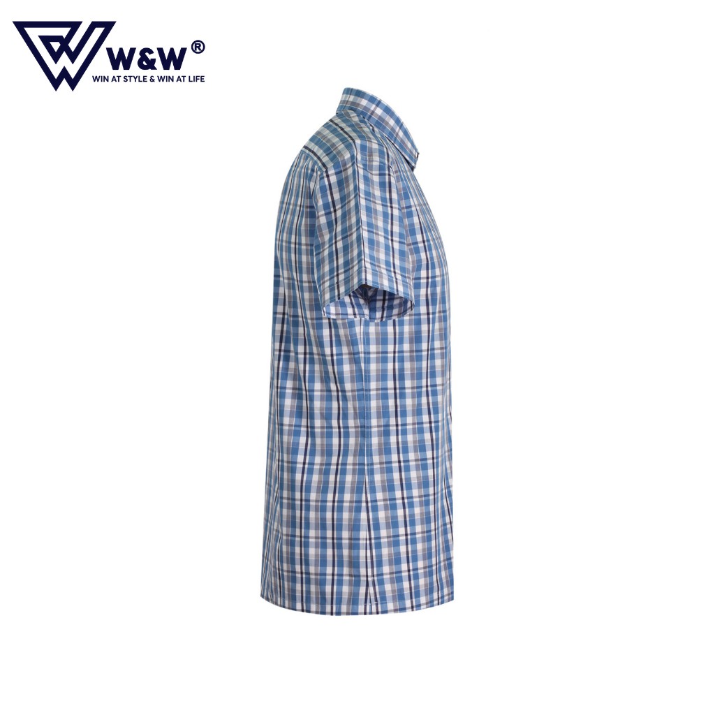 Áo Sơ Mi Nam W&amp;W Dáng Slim Fit Cổ Đức Tay Cộc Hoạ Tiết Kẻ, Chất Liệu Thấm Hút, Mềm Mịn Cao Cấp WSS203