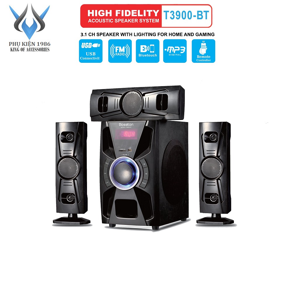 Loa vi tính 3.1 kiêm Bluetooth USB thẻ nhớ Bosston T3900-BT 60W led RGB 7 màu, nguồn 220V (Đen) - Phụ Kiện 1986