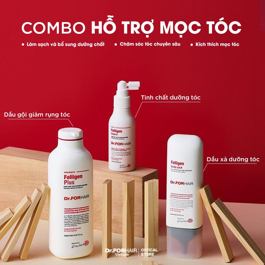 Bộ gội xả dưỡng HỖ TRỢ MỌC TÓC, nuôi dưỡng da đầu khỏe mạnh của Dr.FORHAIR: Folligen Plus x Scalp Pack x Tonic