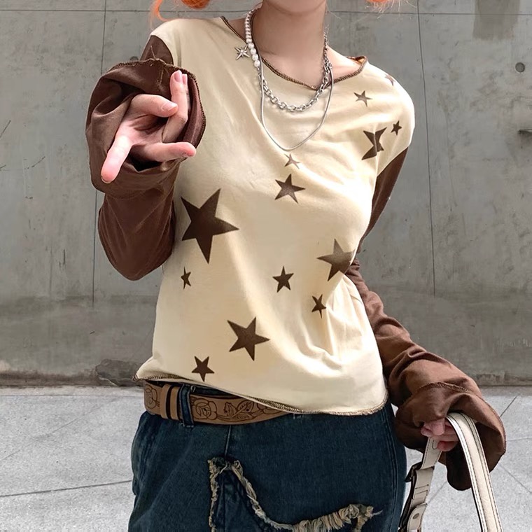 Áo Thun Crop Top Tay Dài Cổ Tròn In Hình Ngôi Sao Màu Xám Phong Cách Harajuku ODokey-Y2K Thời Trang Xuân Thu Cho Nữ