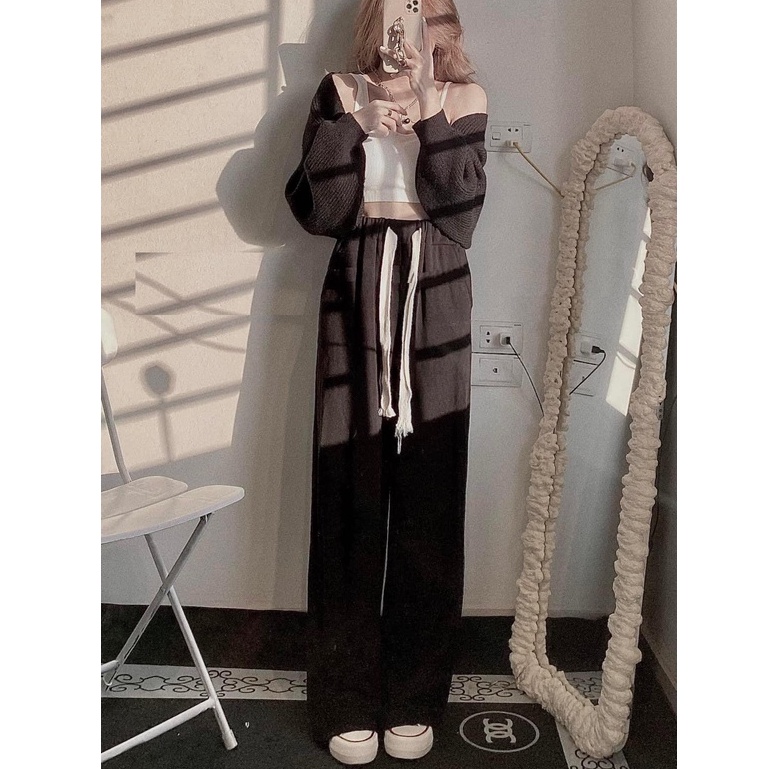 Quần Suông Dây Bản To PEONYB Nữ [FREESHIP]  Culottes ống rộng dài màu đen hssv, thun vintage cá tính Ulzzang