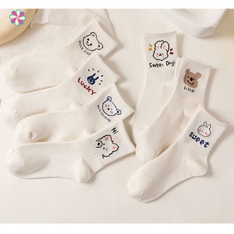Vớ cotton cổ vừa thoáng khí thấm hút mồ hôi in họa tiết gấu nhỏ dễ thương cho nữ