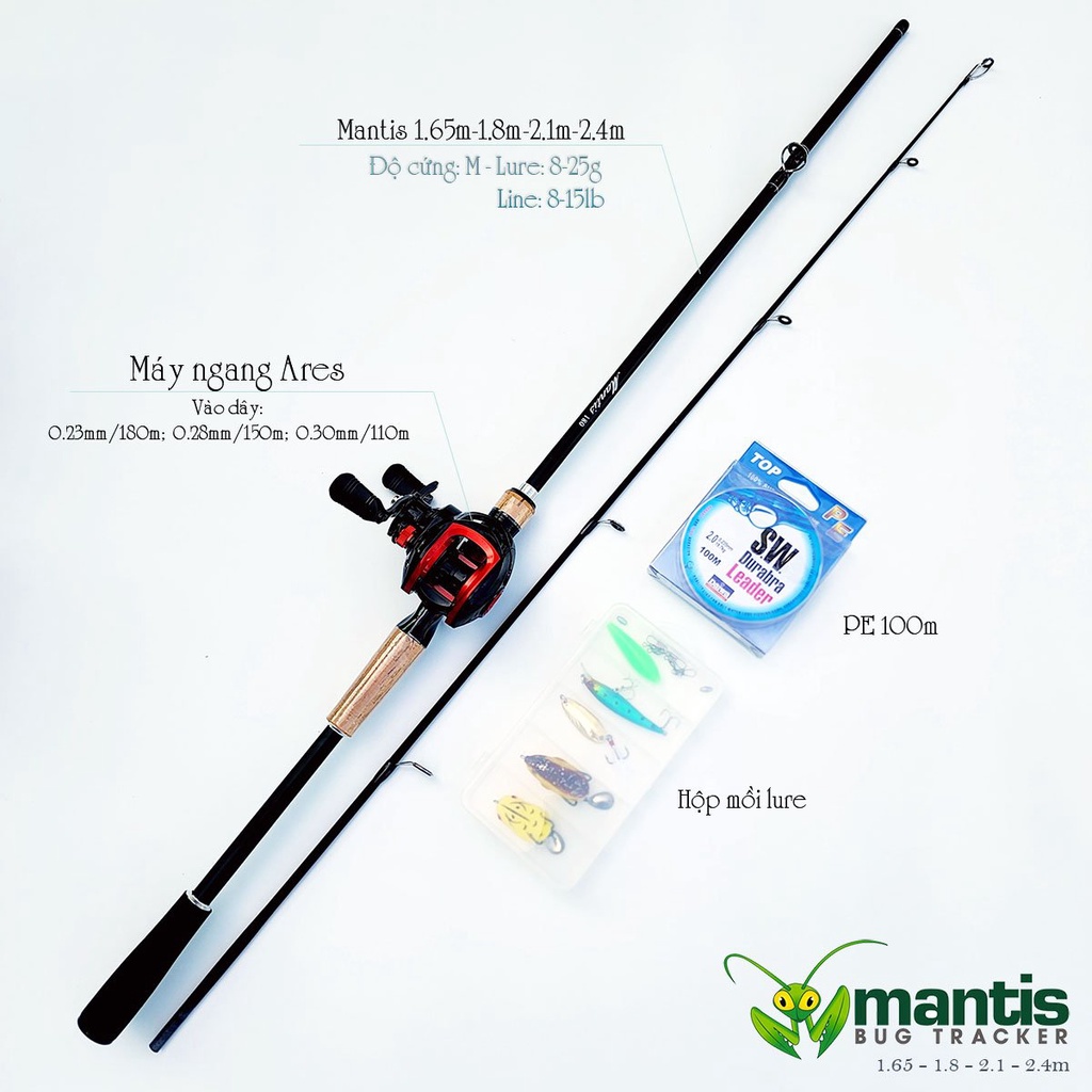 Bộ cần câu lure máy ngang cao cấp Mantis + Máy ngang Ares tặng kèm dây câu lure và bộ mồi câu