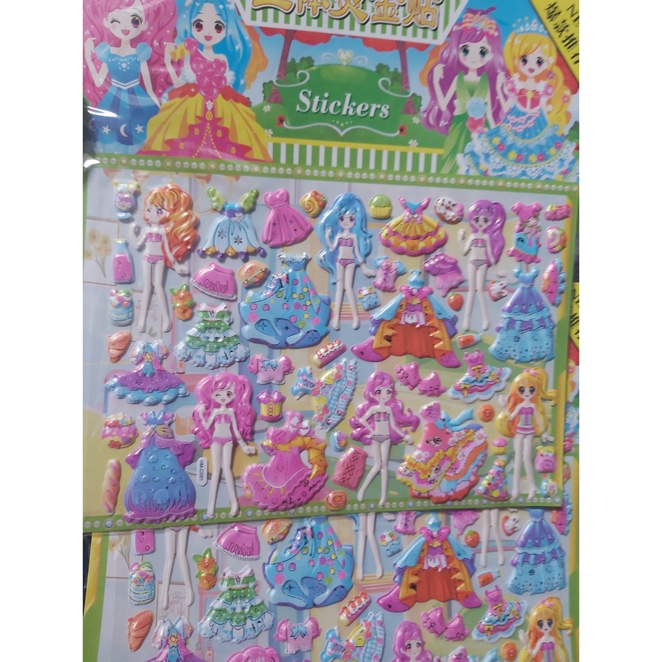 Tờ dán sticker nổi 3D thời trang, công chúa, siêu nhân bản to nhiều chi tiết cho bé