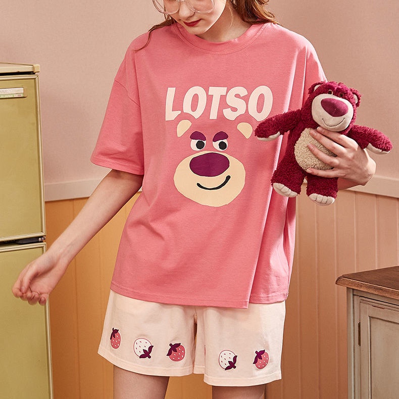 Disney Bộ Đồ Ngủ Ngắn Tay Dáng Rộng In Hình Gấu Dâu Tây Phong Cách Hàn Quốc Thời Trang Mùa Hè Cho Nữ