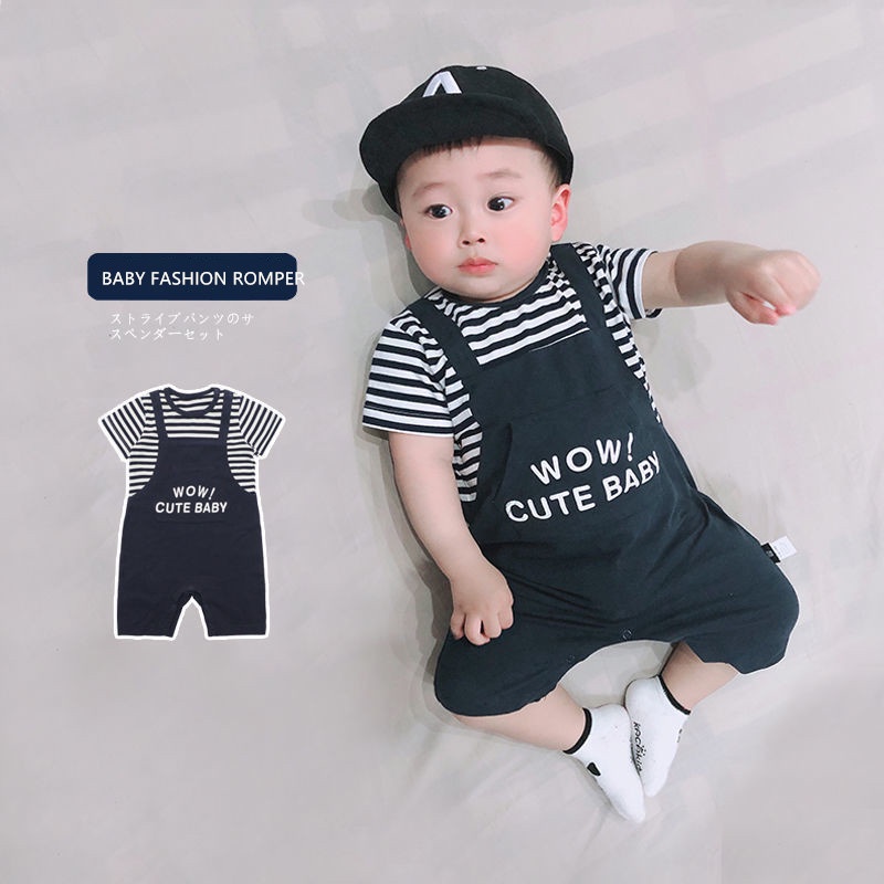 Bộ Áo Liền Quần Ngắn Tay Họa Tiết Kẻ Sọc Dễ Thương Thời Trang Mùa Hè Cho Trẻ Sơ Sinh