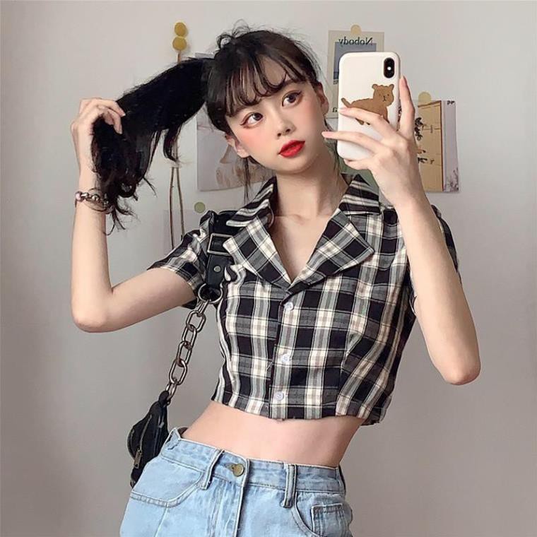 ÁO SƠ MI CROPTOP TAY NGẮN KẺ SỌC CARO THỜI TRANG CHO NỮ - CROPTOP CARO KẺ TÍM ĐEN ĐỎ HỒNG VÀNG XANH 🚀