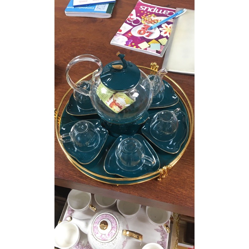 Bộ trà khay tròn thủy tinh cao cấp phong cách Nhật Bản