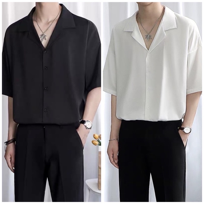 [Hàng VNXK- Như hình] Áo Sơ Mi Nam Nữ Tay Ngắn Form Rộng Cổ Vest chất vải cotton lụa mịn mát hợp đi học đi làm công sở