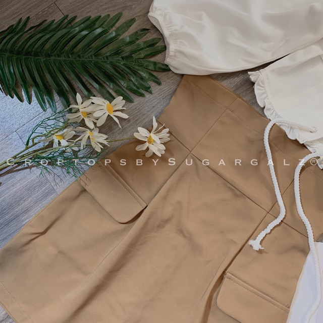 [Ảnh thật] Chân váy cạp siêu cao kéo chân hack chiều cao 2 nắp túi kaki chun nâu - by SugarG | BigBuy360 - bigbuy360.vn