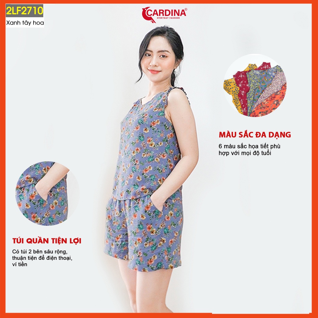 Đồ bộ nữ CARDINA chất lanh tre Nhật cao cấp quần đùi áo sát nách họa tiết tinh tế 2LF27