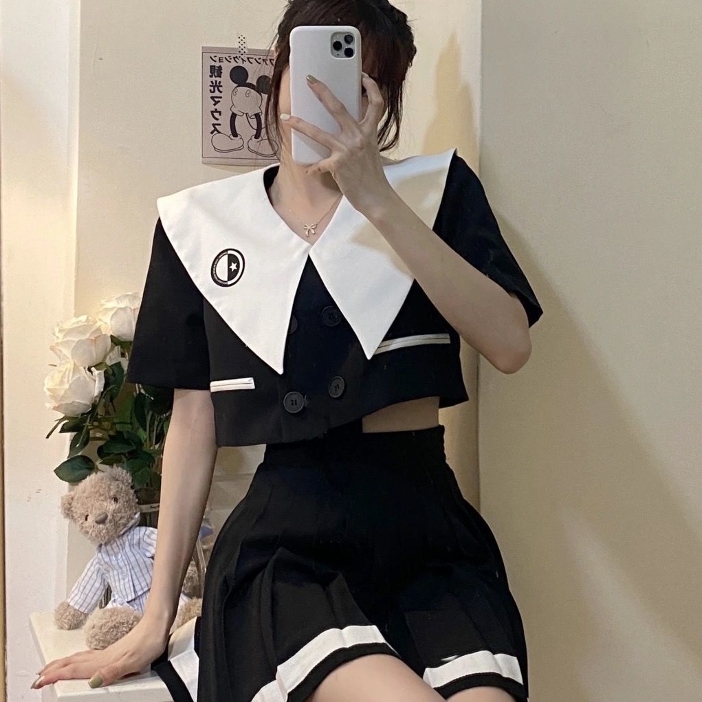 Bộ Áo Khoác Cổ Thủy Thủ Màu Sắc Tương Phản + Chân Váy Xếp Ly Lưng Cao Dáng Ôm Xinh Xắn Cho Nữ
