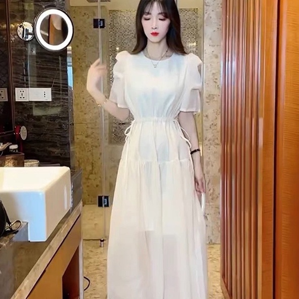 Đầm IELGY ngắn tay chiết eo màu xanh dương/ mơ phong cách Pháp ngọt ngào cho nữ