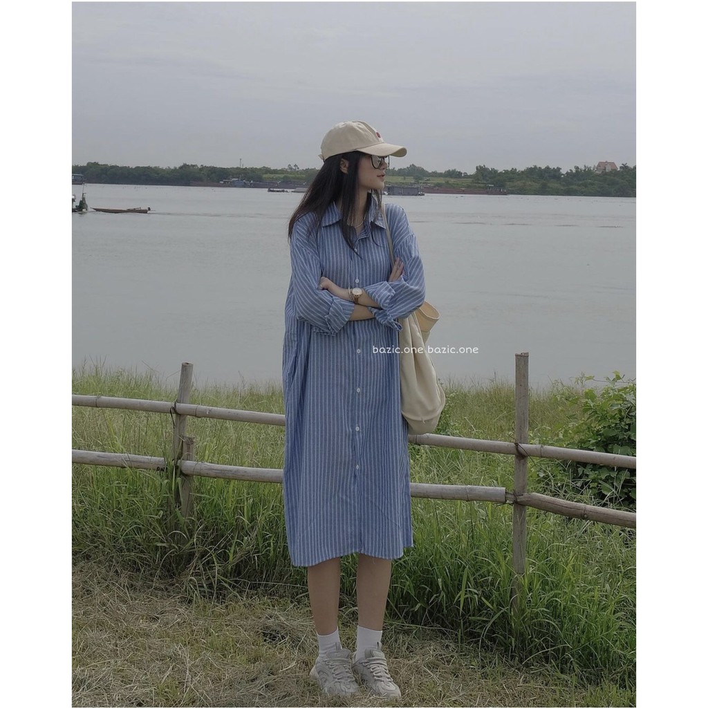 [Ảnh thật] Đầm - Váy sơ mi kẻ sọc dài tay kèm đai ulzzang