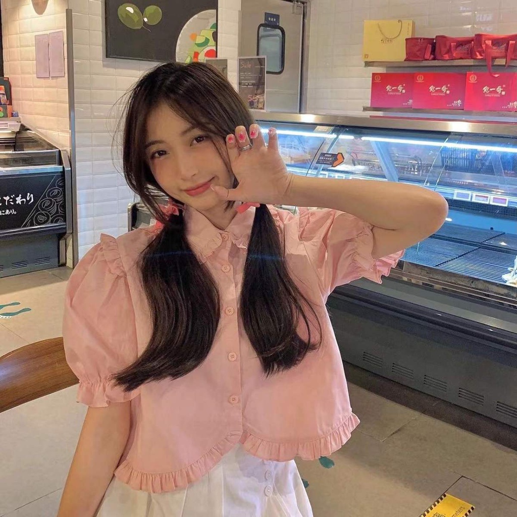 Áo Sơ Mi Trắng Ngắn Cổ Búp Bê Phối Bèo Phong Cách Pháp Ngọt Ngào Thời Trang Mùa Hè Cho Nữ