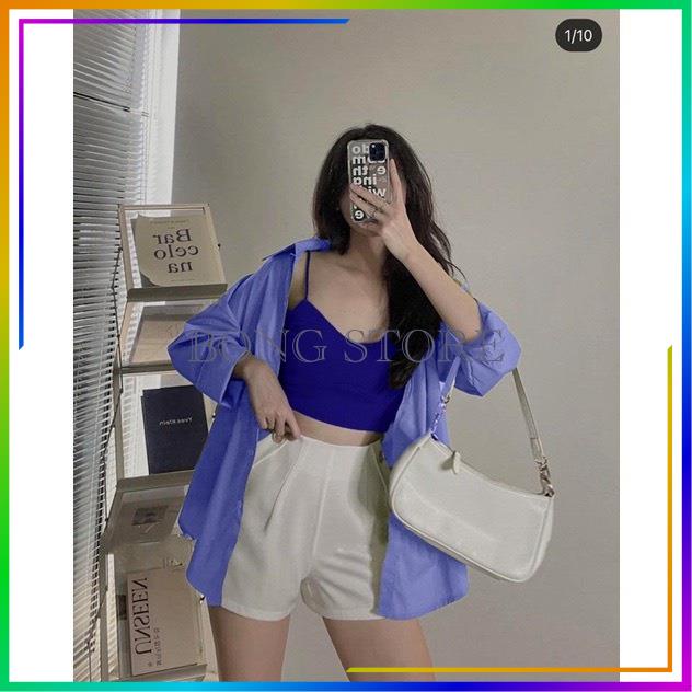 Set đồ nữ, Set 3 chi tiết đi biển áo đũi nhăn kèm brada mix quần sooc kaki siêu hot mặc đi biển.