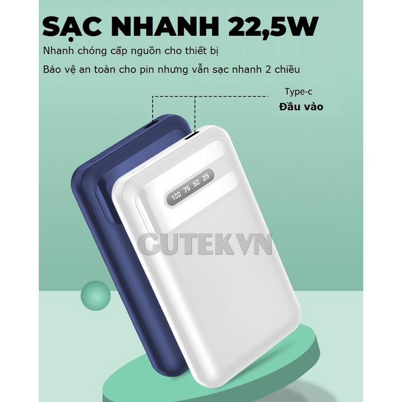 Sạc dự phòng không dây sạc nhanh 22,5W pin 15000mah mini nhỏ gọn cho từ ip 8/X/11/12/13 – Gutek RCT-015