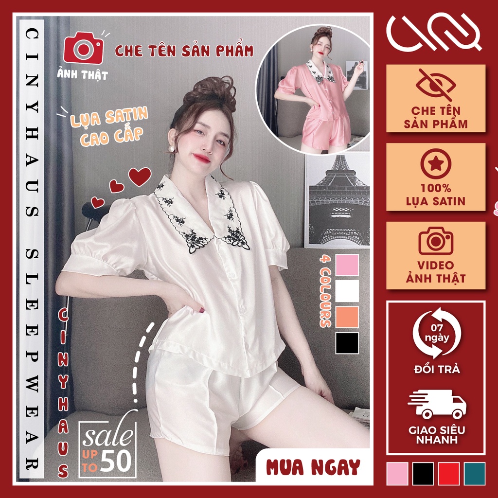 Đồ Ngủ Tiểu Thư Tay Ngắn Cổ Thêu Hoa Lụa Satin Cao Cấp Mềm Mại Freesize 40-60kg - CN043 CINY