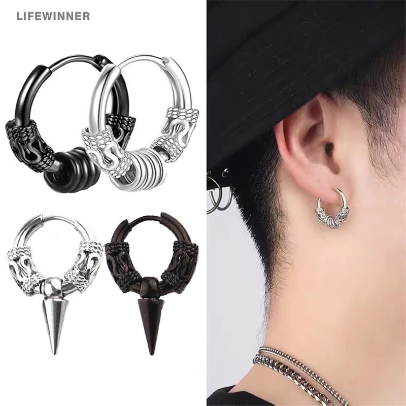 Khuyên Tai Tròn Hình Rồng / Totem Bằng Thép Không Gỉ Phong Cách Punk Hip Hop Cá Tính Dành Cho Nam
