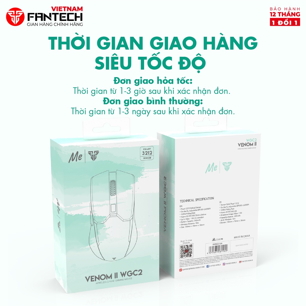 Chuột máy tính Gaming không dây FANTECH VENOM II WGC2 MINT EDITION 2400DPI, LED RGB 16,8 triệu màu