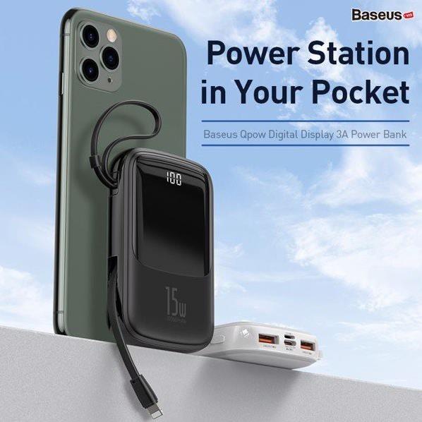 Sạc dự phòng Baseus Q Pow 10.000 mAh 3A 15W sạc nhanh, tích hợp cáp sạc cho điện thoại Iphone Thông Minh