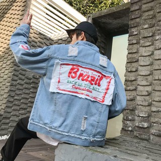 Áo Khoác Jean Nam Xanh Phối Hình Sau Lưng In Chữ BRAZIL Chất Vải Dày Dặn HOT TREND