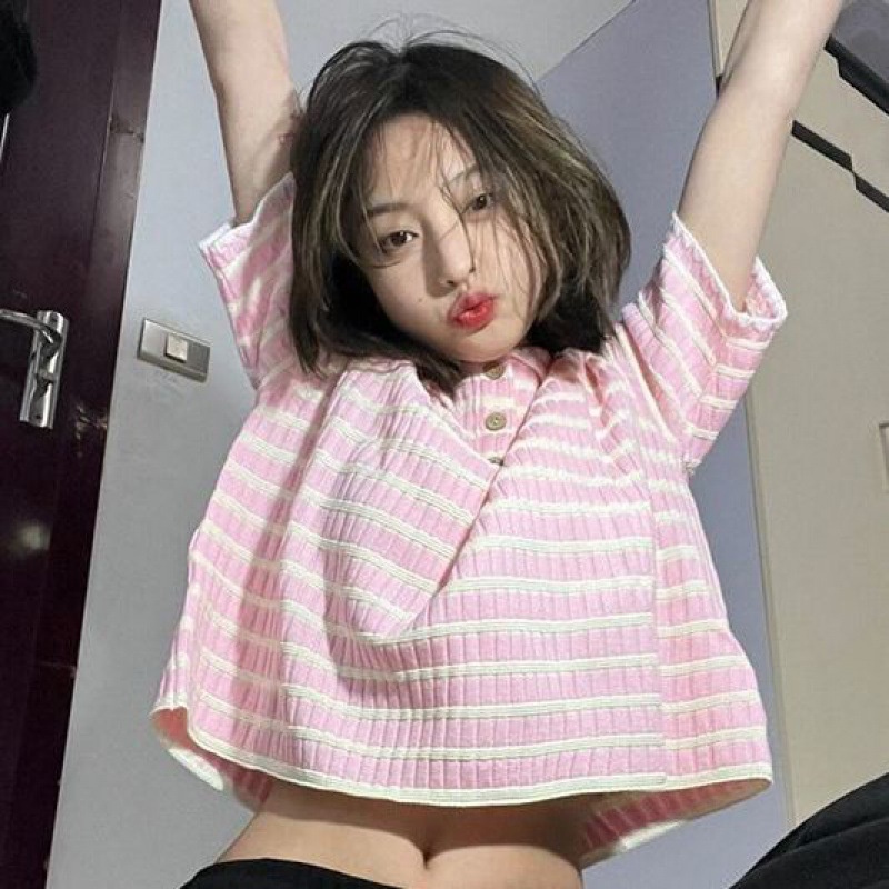 Áo kiểu polo NZN dệt kim tay ngắn dáng rộng họa tiết kẻ sọc thời trang mùa hè đơn giản dành cho nữ