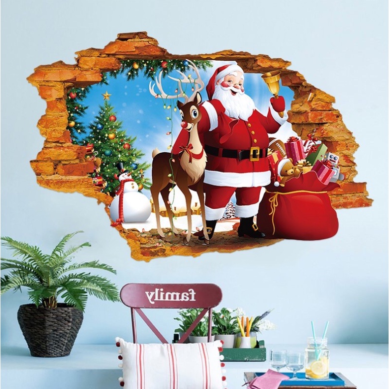 Decal trang trí Noel Hít Tĩnh Điện - Vết nứt ông già noel phát quà cùng tuần lộc