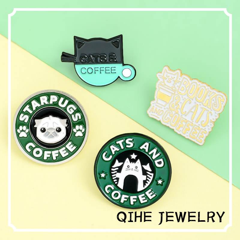 Ghim cài áo QIHE JEWELRY họa tiết mèo/ chó con/ quán cafe mèo dành cho trang trí túi áo/ làm quà tặng
