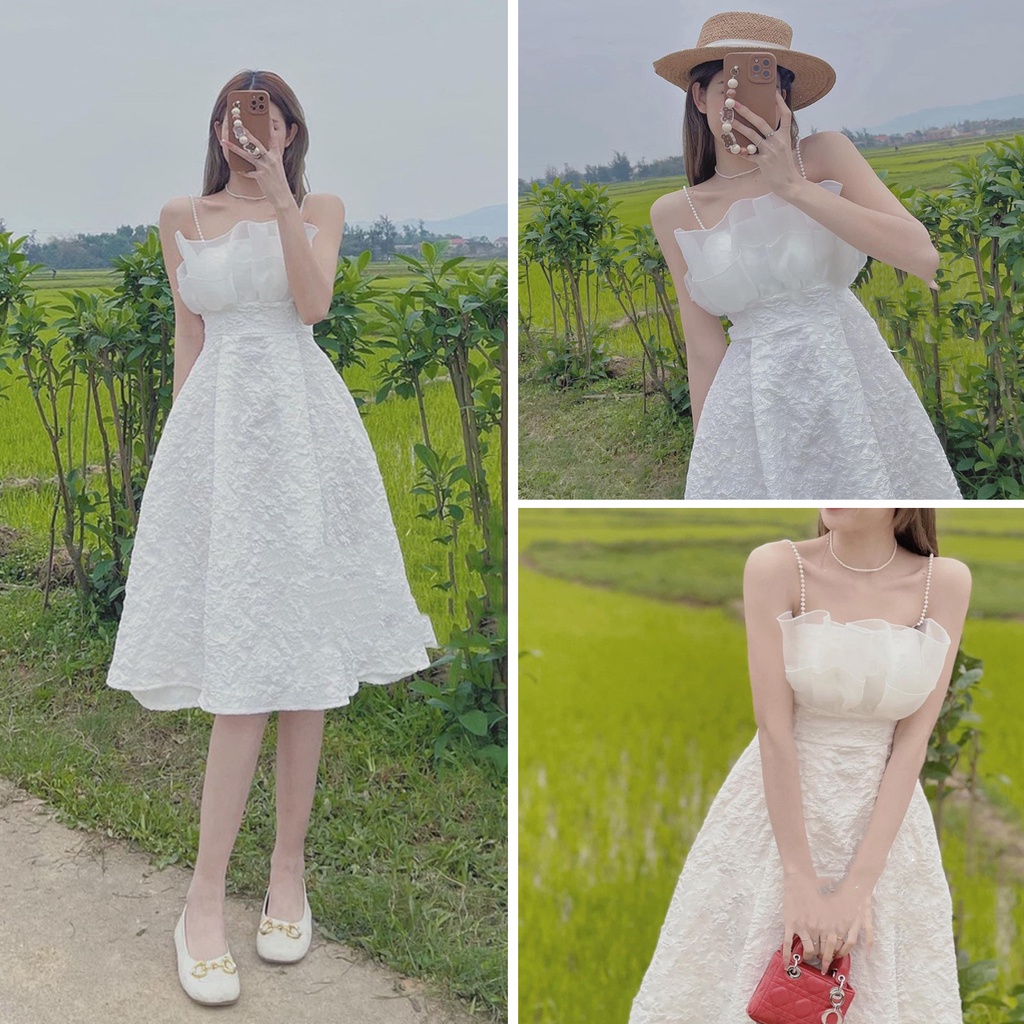 Váy 2 dây gấm hoa dệt nổi đầm 2 dây dự tiệc sexy DN473