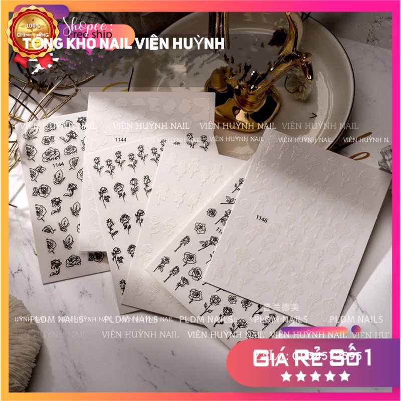 sticker hoa hồng trắng đen , hình dán móng nail