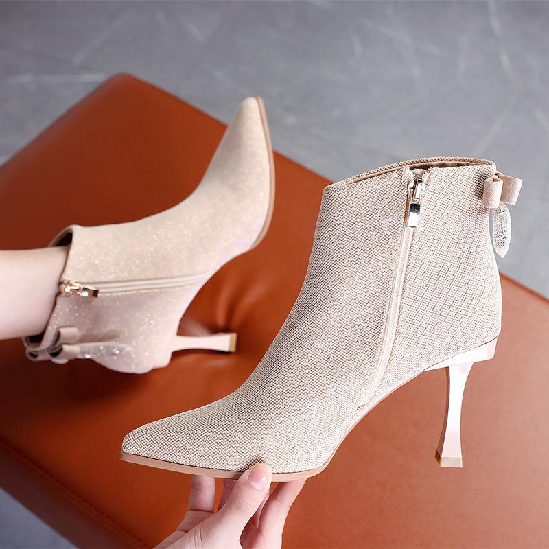 Giày Bốt Cao Gót Mũi Nhọn Đính Nơ Sequin Lấp Lánh Thời Trang Thu Đông Mới Cho Nữ
