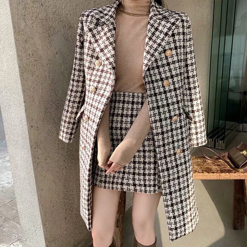 Set áo khoác+chân váy dạ kẻ