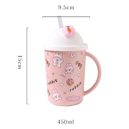 [Hàng mới về] Ly Cốc uống nước có nắp đậy quai cầm hình Thỏ trắng - Ly sứ thỏ dẻo