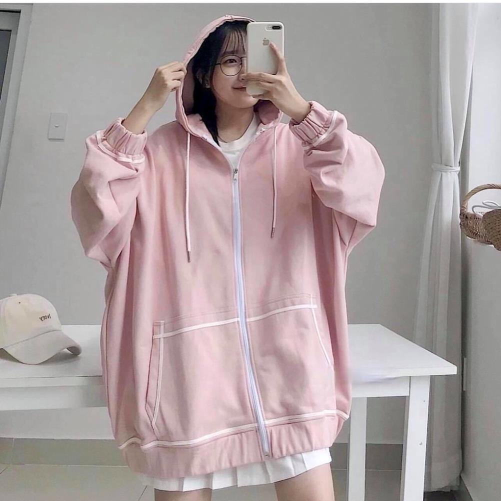 Áo Khoác Hoodie Quây Viền Tay Bồng,🌸 Vyvystore🌸 Áo Jacket Nỉ Viền Trắng Nữ Khóa Kéo Kèm Mũ 3 Màu ĐEN XAN