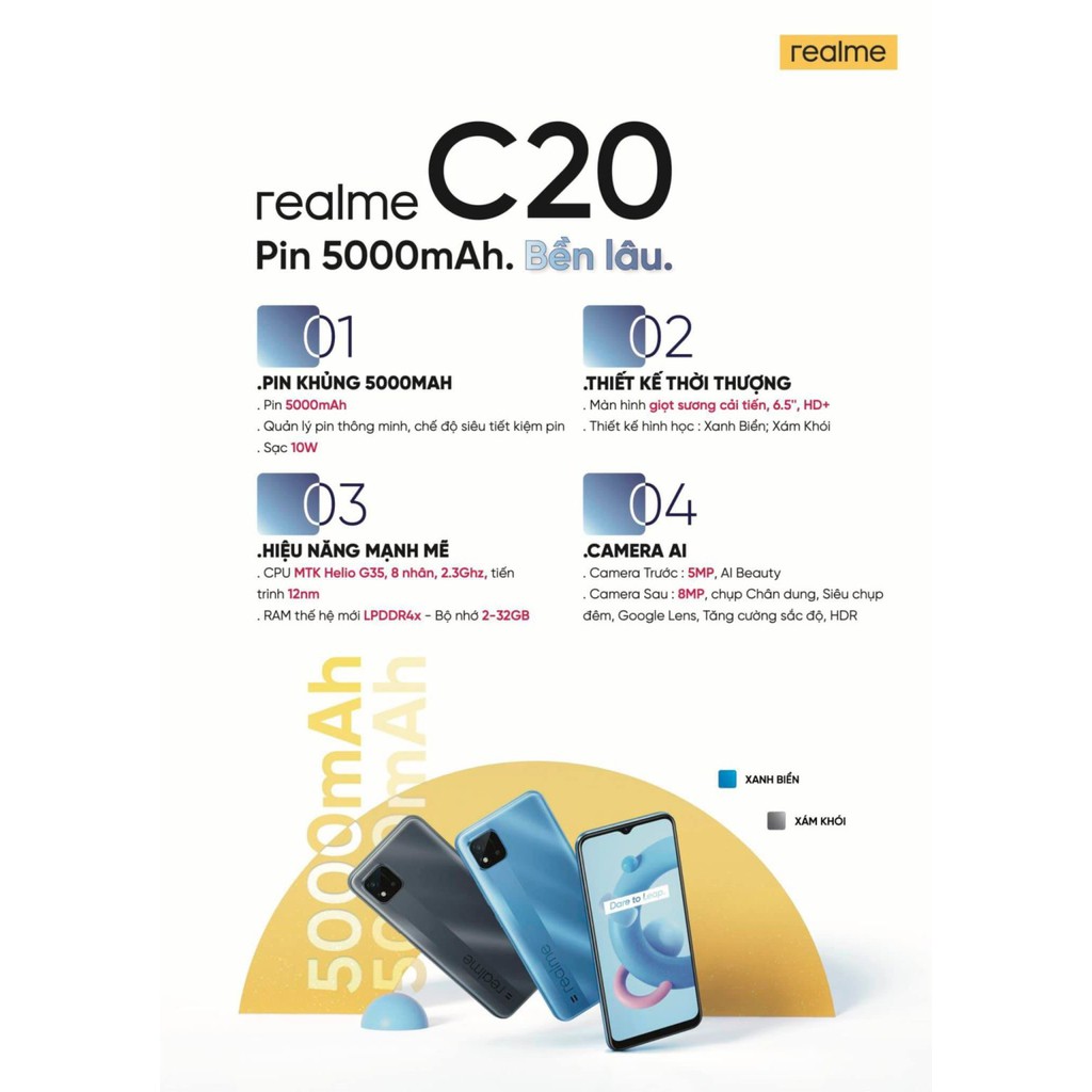 [Mã 77ELSALE hoàn 7% đơn 300K] Điện thoại Realme C20 - Hàng Chính Hãng Mới 100%