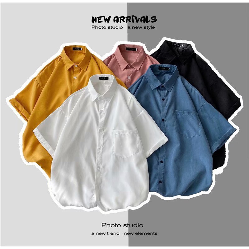 Summer Korean style solid color loose short-sleeved shirt for men