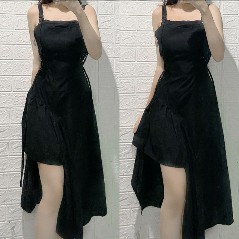 ĐẦM HAI DÂY ĐEN CỘT NƠ EO SIZE M TRẺ TRUNG