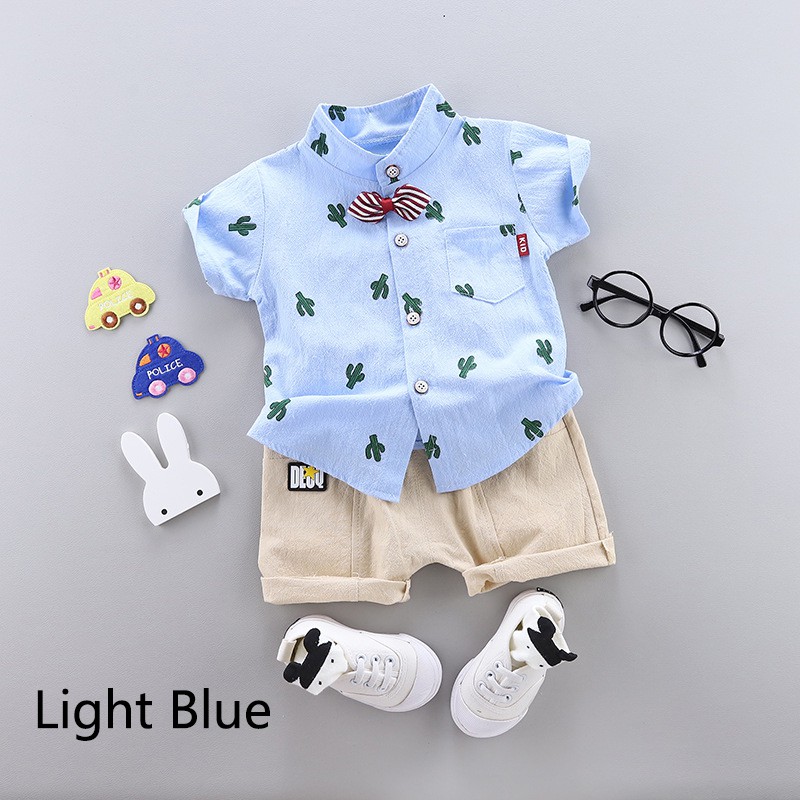 Set áo sơ mi tay ngắn in hình cây xương rồng + quần short lưng thun cho bé trai từ 1-4 tuổi