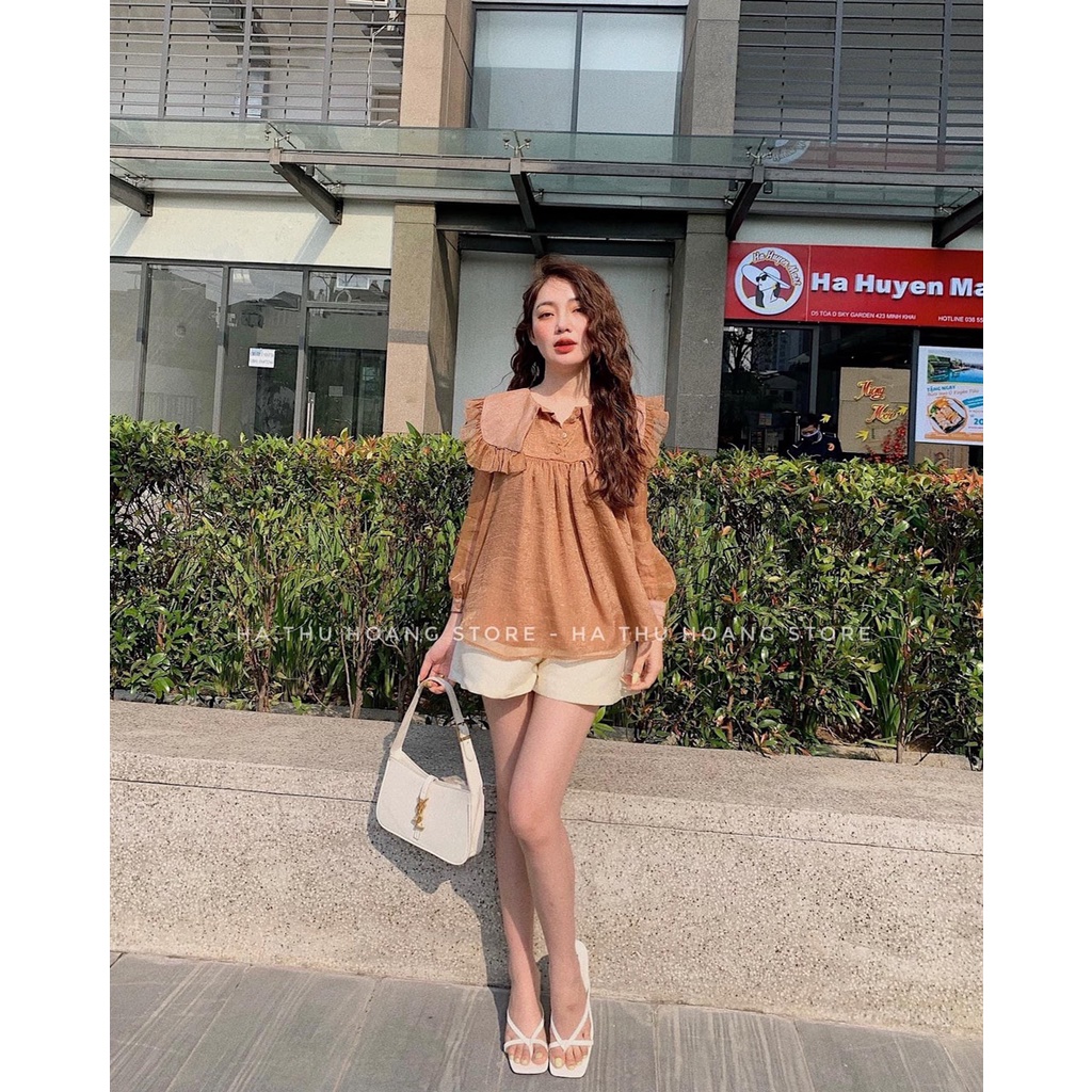 Set bộ nữ, Sét áo sơ mi tơ nhũ cổ bèo 2 lớp mix sooc bồng cực đẹp