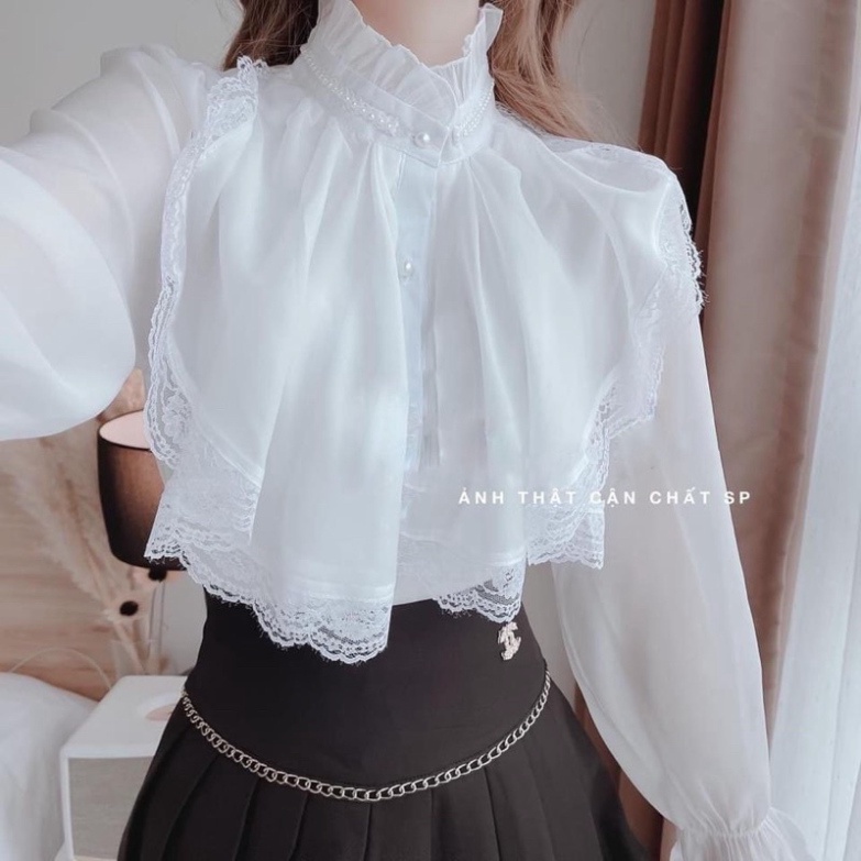 Áo sơ mi babydoll tiểu thư 2 lớp phối ren ulzzang nữ tính, mầu đen, trắng, be, cocoland