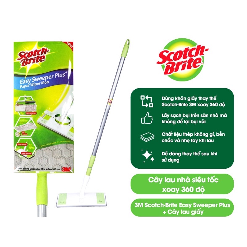 Cây lau nhà siêu tốc dùng khăn giấy thay thế Scotch Brite 3M đa năng, xoay 360 độ