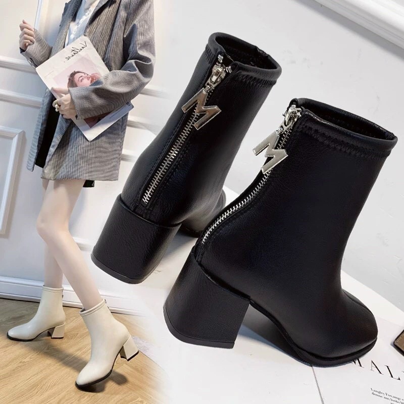 (Freeshipp) Giày Boot da nữ cao cổ gót vuông, bốt ngắn nữ Ulzzang