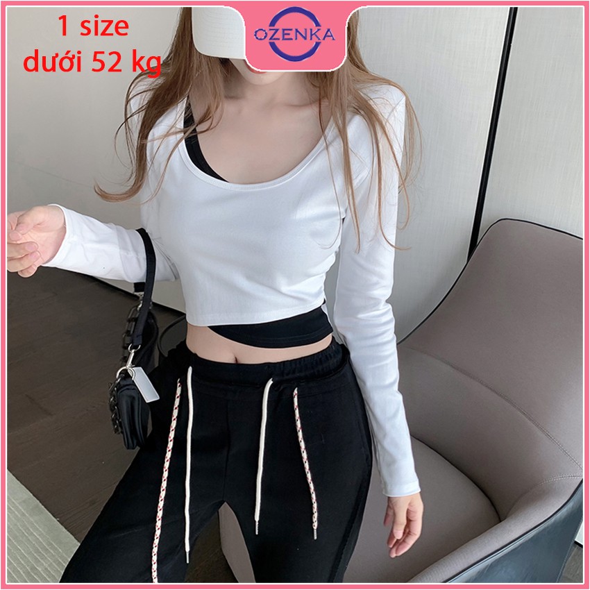 Áo croptop tay dài ôm body nữ cải màu OZENKA , áo thun croptop nữ chất đẹp 100% cotton free size dưới 52 kg nhiều màu