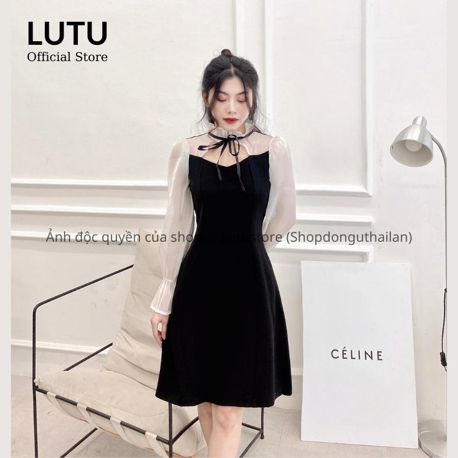 Đầm Váy Nữ Tay Bồng Phối Tơ Oganza Khoét Cổ Dáng Chữ A Có Đủ Size Phong Cách Hàn Quốc