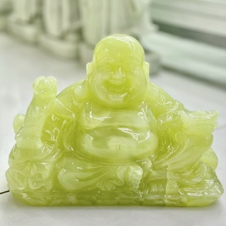 Tượng Di Lặc dài 20cm đá Ngọc Onyx cầm gậy như ý và thỏi vang