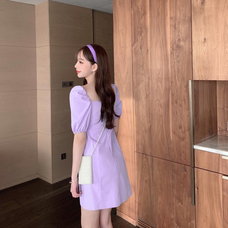 [MURIOKI] Đầm Dáng Chữ A Tay Phồng Cổ Vuông Màu Trắng / Tím Phong Cách Pháp Tinh Tế Thời Trang Cho Nữ