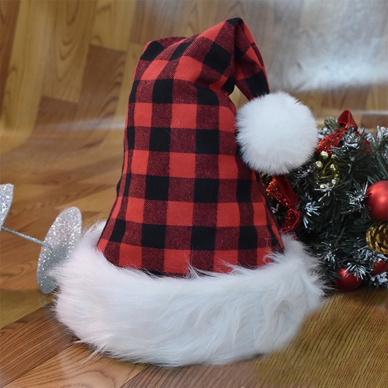 Mũ ông già noel phối vải lông họa tiết kẻ sọc ca rô màu đen/ màu đỏ đáng yêu